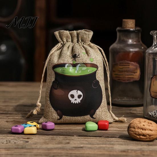 Pumpkin Theme Party Supplies 2PCS Halloween Drawstring Treat Bags, Cartoon Faux Linen Trick or Gift Pouches Sacks, Kids Candy Storage for Favors Cute
