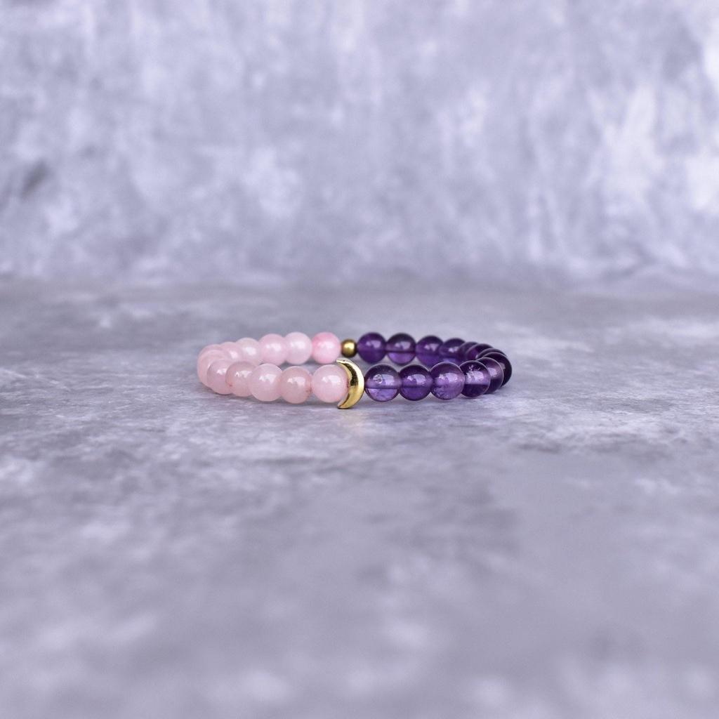 Genuine Rose Quartz & Amethyst beaded bracelet Two Healing Gemstone Bracelet Lunar Charm Bracelet Beaded Gemstone Stretchable Bracelet