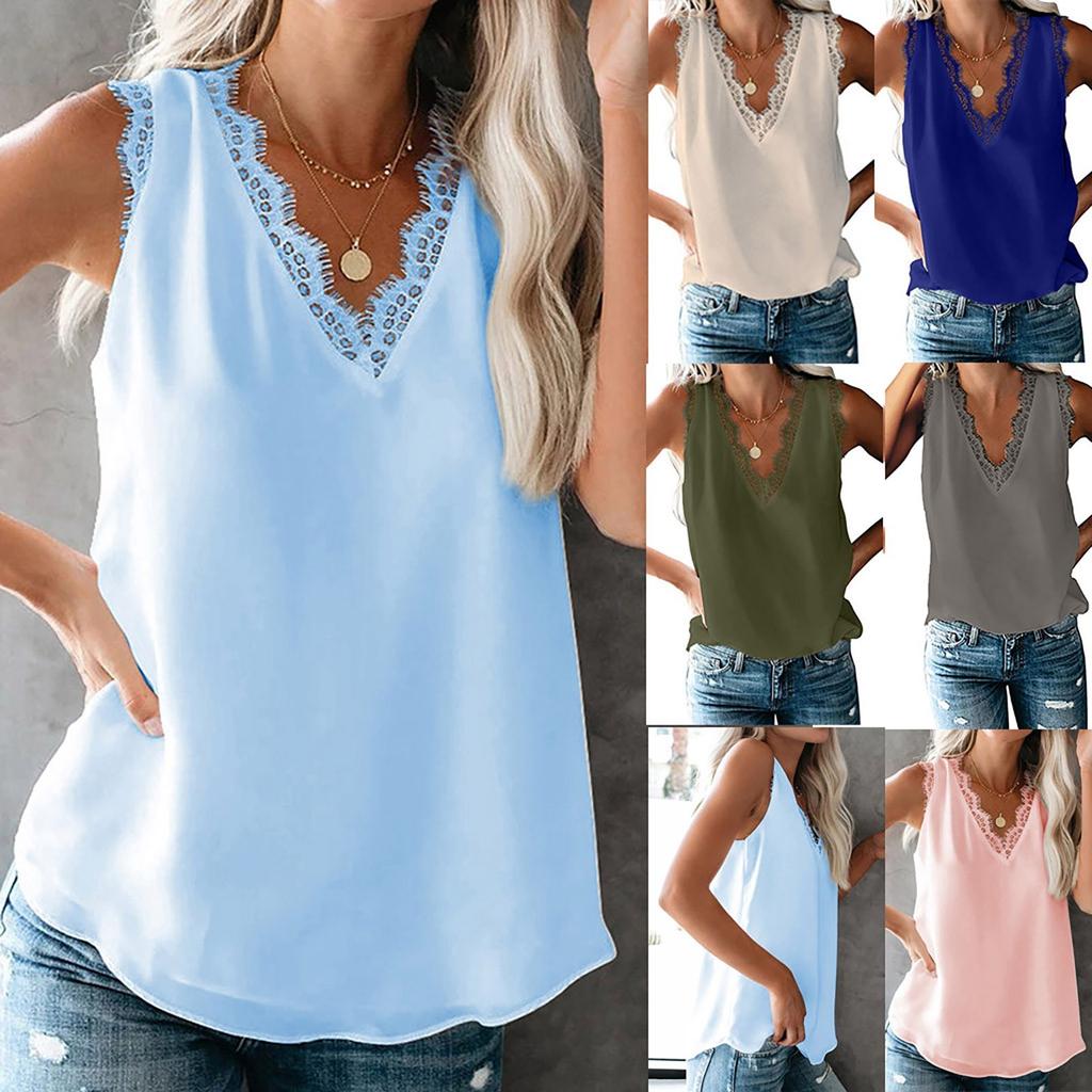 Ärmelloses Damen-Tanktop mit Spitzensaum und V-Ausschnitt, leicht, einfarbig, lässige Sommerbluse für den täglichen Gebrauch