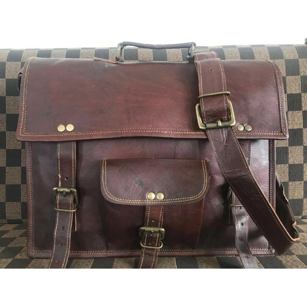 Laptop Satchel Shoulder Bag Men's Vintage Unisex School Bag Leather Messenger