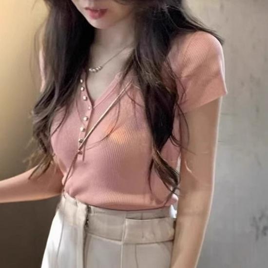 

French Women s Summer Slimming Cinched Waist Metal Button Top One Size [Recommended for under 125 lbs]