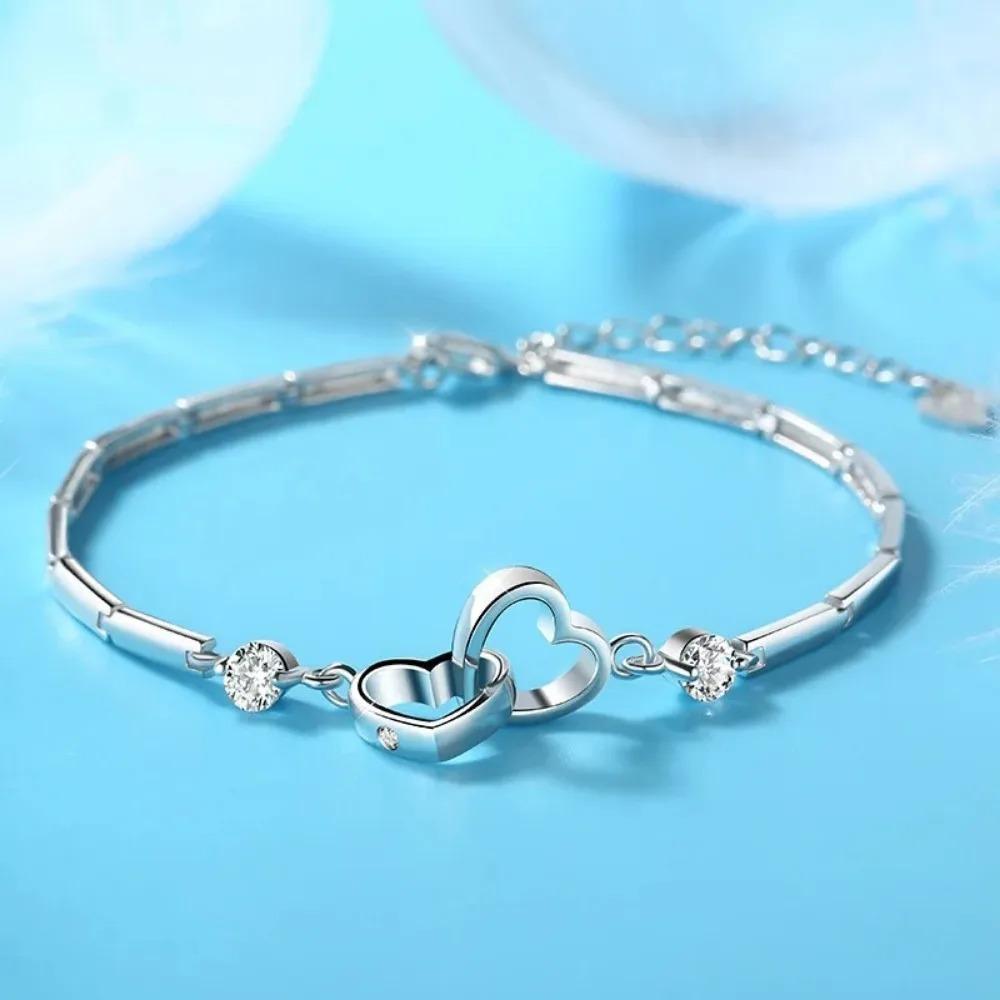 New Charms 925  Silver Bracelets Bangles for Women Valentine's Days Gift Cubic Zircon Double Heart Bracelet Jewelry