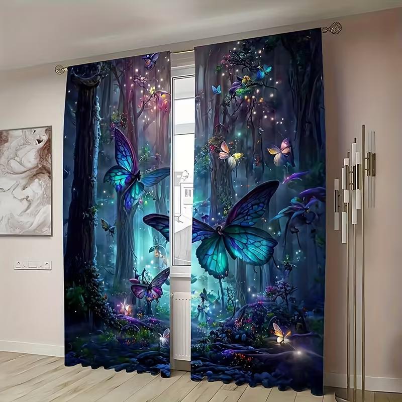 Vikama Blue Butterfly Forest Curtains Natural Semi Sheer Living Room Bedroom Decor Light Filtering Made Of Polyester With Rod Pocket