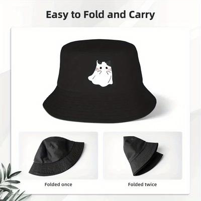Cute Ghost Cat Printed Bucket Hat Fisherman's Hat Beach Travel and Summer Fun Outdoor Sunscreen Hat