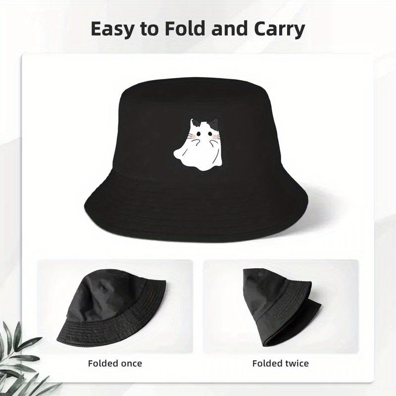 Cute Ghost Cat Printed Bucket Hat Fisherman's Hat Beach Travel and Summer Fun Outdoor Sunscreen Hat