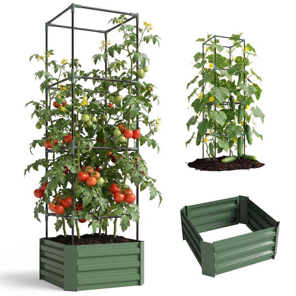 Planter with Adjustable Trellis, Flower Box, Tomato Cage, Galvanized Steel, 61 x 61 x 187 cm, Green