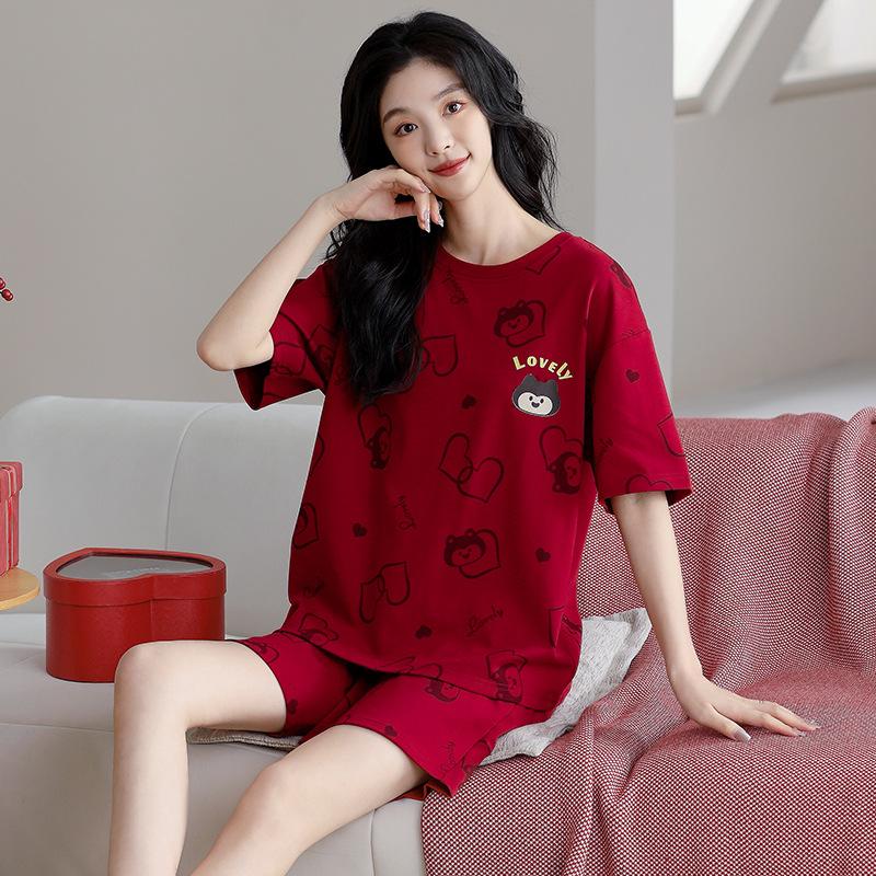 Red Pajamas Couple Summer Wedding Suit Pure Cotton Short-sleeved Men's and Women's Natal Year Cute Thin Wedding Loungewear