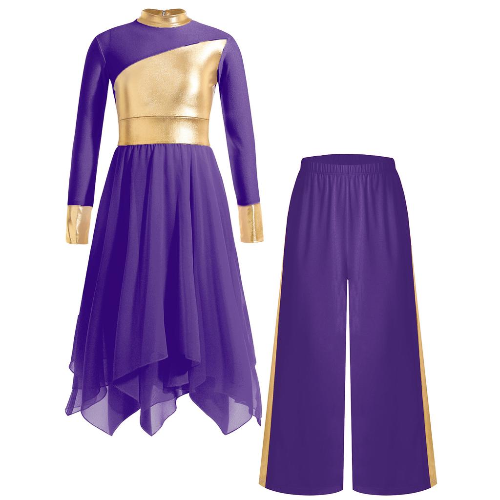 Mädchen Liturgisches Tanzoutfit Langarm Colorblock Metallic Lyrisches Kleid Weitbeiniges Hosen-Set