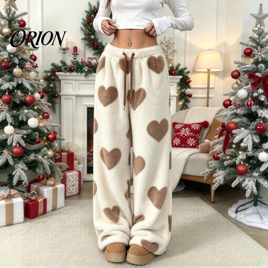 Soft Drawstring Sleeping Trousers Women Fuzzy Pants, Heart Print Wide Leg Pajama Bottoms with Elastic Cozy Winter Home Pants Waist Drawstring,