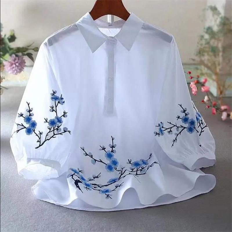 White Embroidered Shirt Women Blouse Pure Cotton For Women Summer Loose Pullover Casual Literary Lantern Sleeve Female Shirt