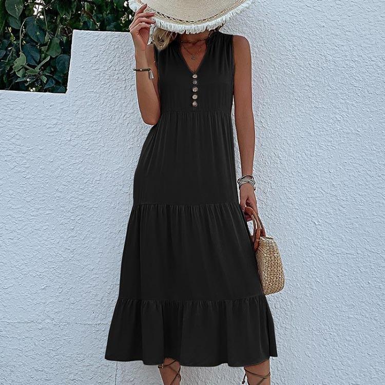 Women Summer Spring Casual Sleeveless V Neck Solid Color Print Fashion Dresses