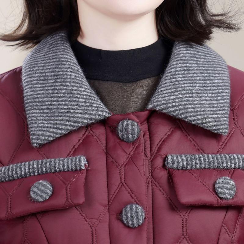 Short Color-blocked Cotton Coat for Women Thickened and Warm Autumn Winter Lapel Pocket Button Cardigan Fashionable Coat Top