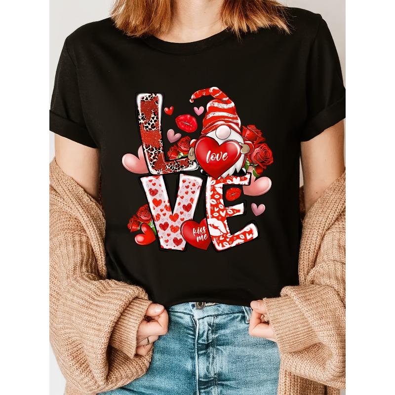 European Size LOVE Print T-shirt, Short Sleeve Crew Neck Casual Top for Summer & Spring, Women's Clothing