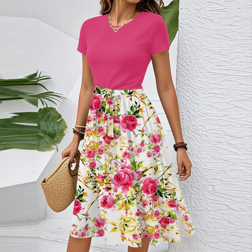 Women's Casual Fashion Belted Floral Print Short Sleeve Round Neck Elegant Dress