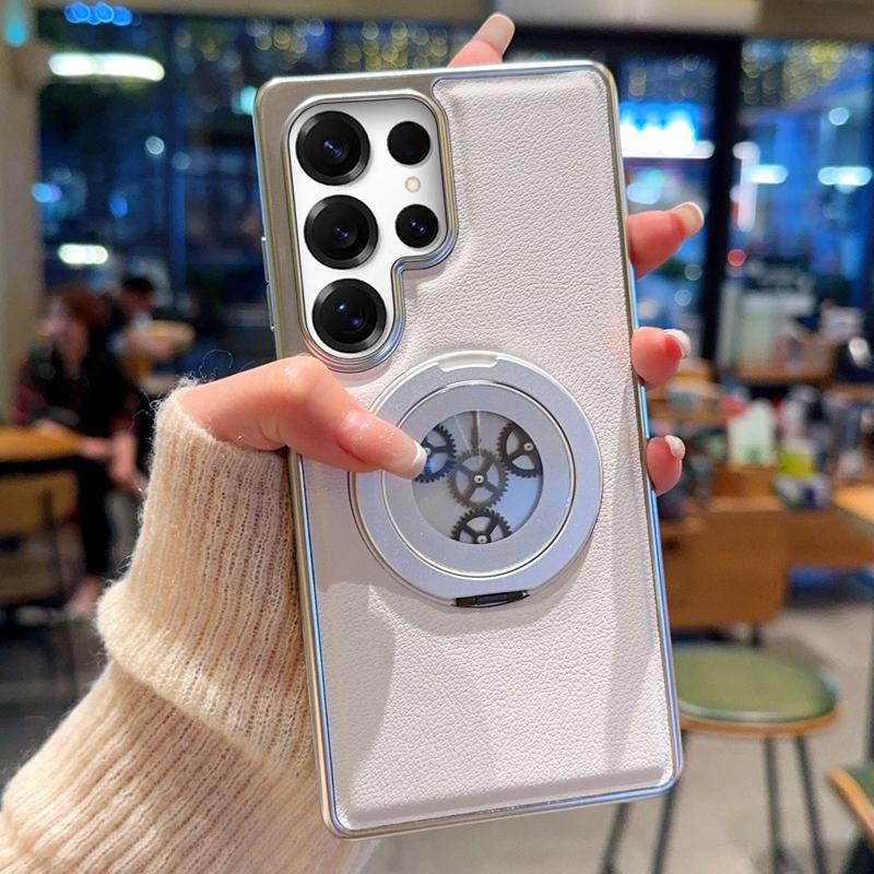 For Samsung Galaxy S24 Ultra Magnetic Case Rotating Kickstand Gear Stress Relief Leather Phone Back Cover