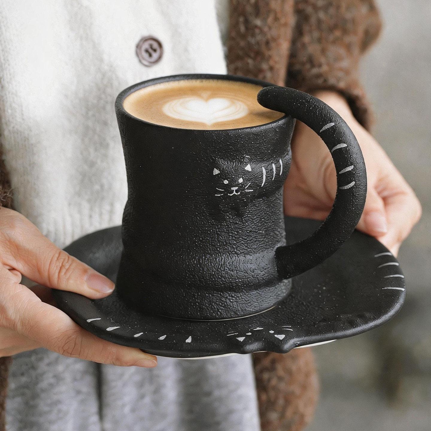 Cute Ceramic Coffee Cup and Saucer Set Black Cat Embossed Ins Cartoon Personality Handmade Artistic Cup 300ml