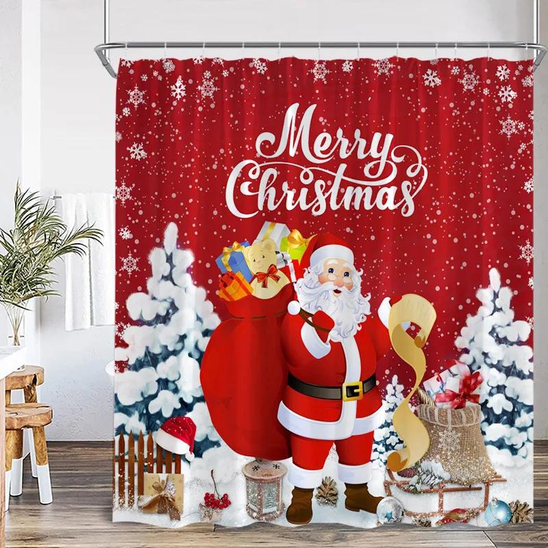 Red Santa Claus Shower Curtains Green Pine Bough Xmas Balls Snowflake Christmas Bath Curtain Set Home Bathroom Decor With Hooks