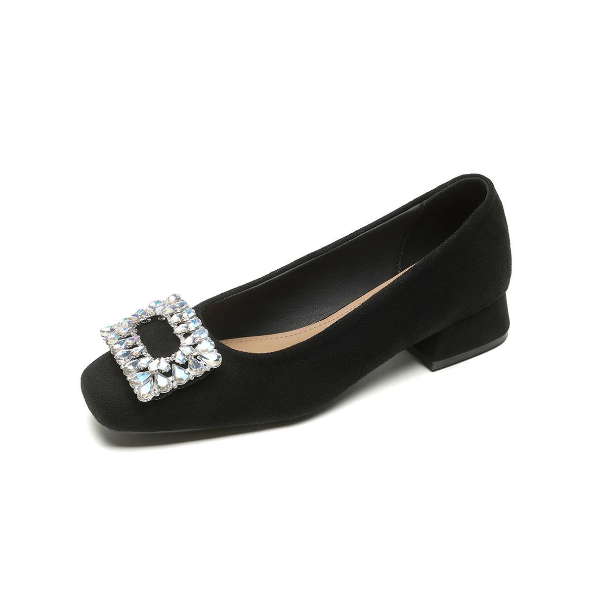 

Женские туфли с квадратным носком на толстом каблуке, весна, новые, со стразами, неглубокие туфли на высоком каблуке 42 чёрный