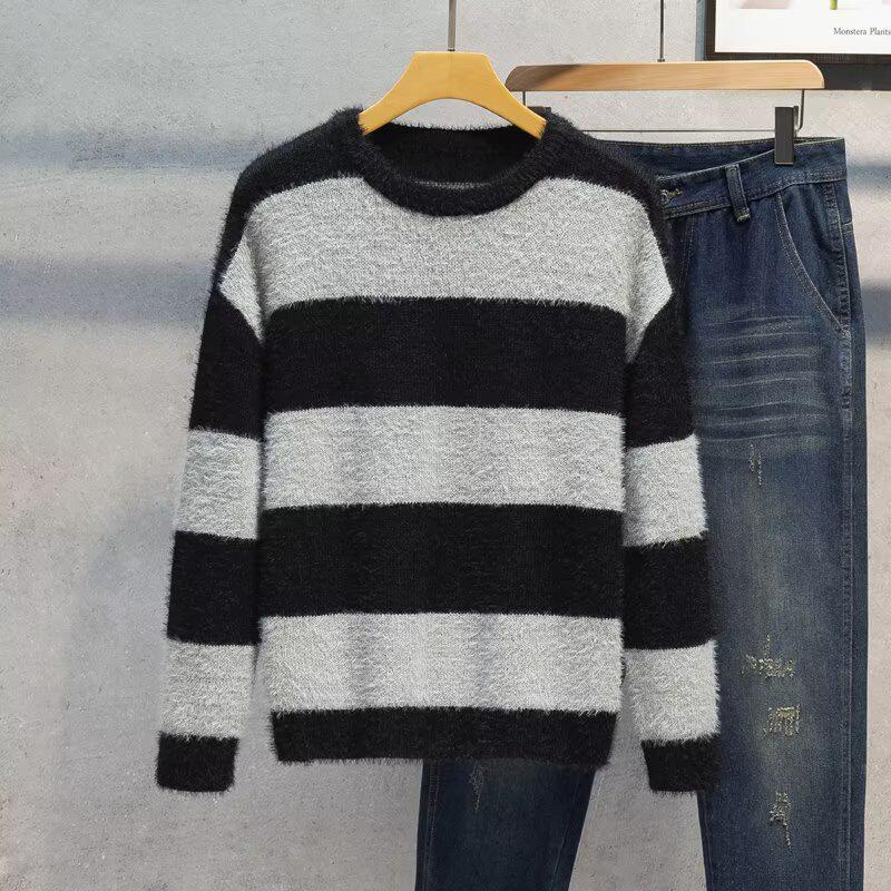 Men's Mink Velvet Sweater: High-End, Thick, Loose-Fit, Black & White Striped Knit for Autumn/Winter - Couple's Lazy Style