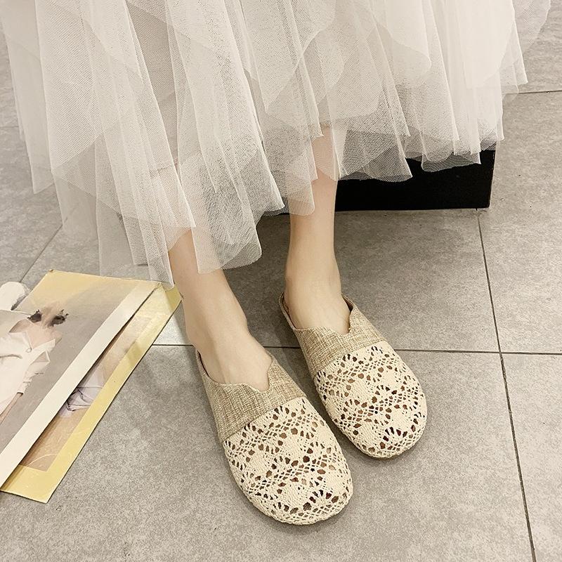 Round-toed, Closed-toe, Half-slipper Women's Shoes, Flat, Lazy, One-foot, Hollowed-out Flip-flops
