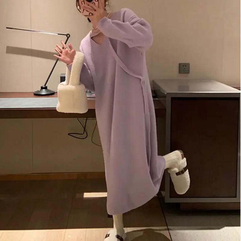 WTEMPO Women's Knitted Sweater Dresses Autumn Winter Coat Long Strap Solid Color V-neck Ribbon Korean Style Fashion Y2k