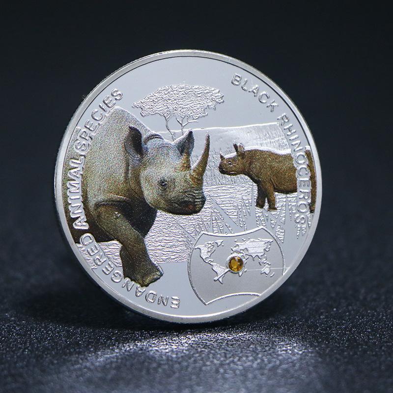 African rhinoceros, silver plated, diamond encrusted, animal commemorative medal, creative craft coin, tiger, rhinoceros coin