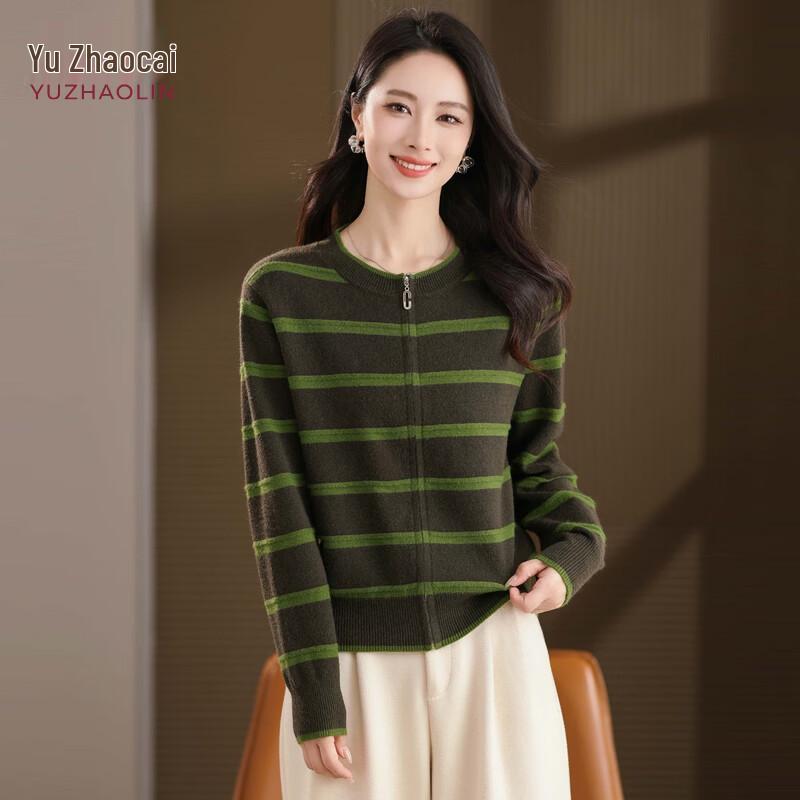 YUZHAOLIN Women's Striped Wool Knit Zipper Cardigan