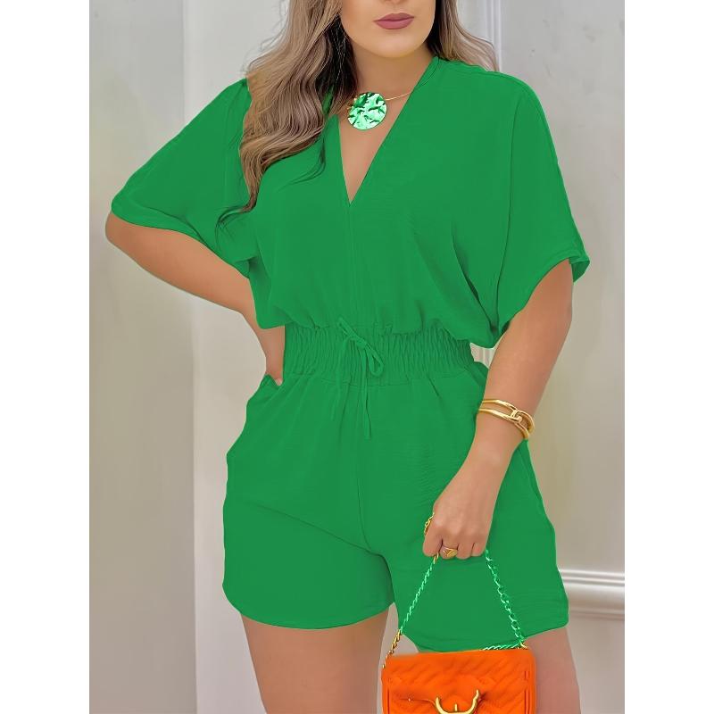 Summer V-Neck Jumpsuit with Drawstring Waist in Multiple Colors Women's casual V-neck jumpsuit; women's casual V-neck romper