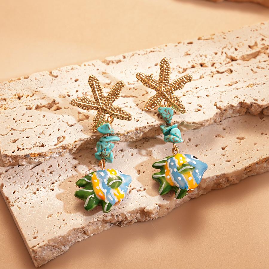 Colorful Ceramic Fish Drop Earrings for Women Starfish Stone Beaded Cartoon Beach Style Summer Jewelry Accessories