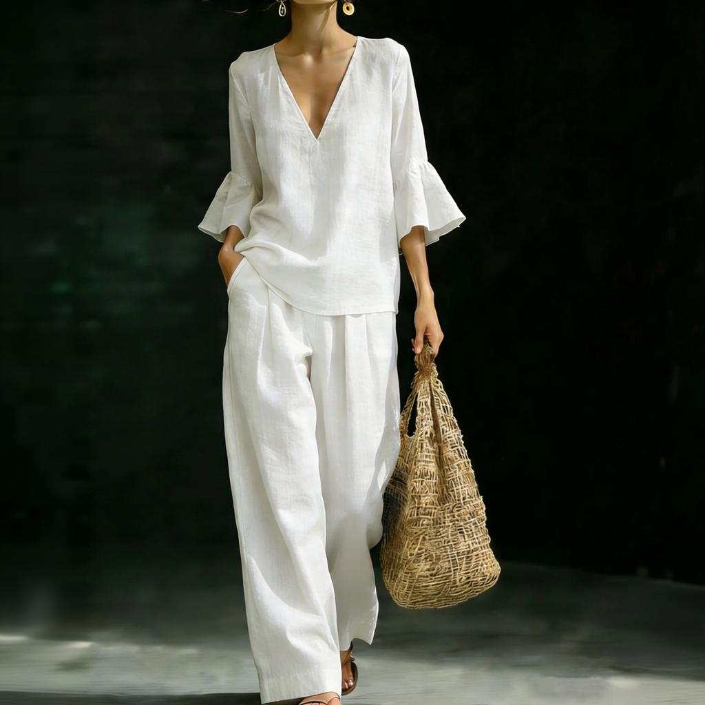 Women's Cotton Linen Two Piece Set V Neck Ruffle Sleeve Top and Loose Fit Casual Wide Leg Pants Lightweight Breathable Outfit