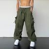 Men Baggy Cargo Pants Solid Color Parachute Pants Loose Fit Jogger Trousers with Side Pockets for Street Outdoor Sports