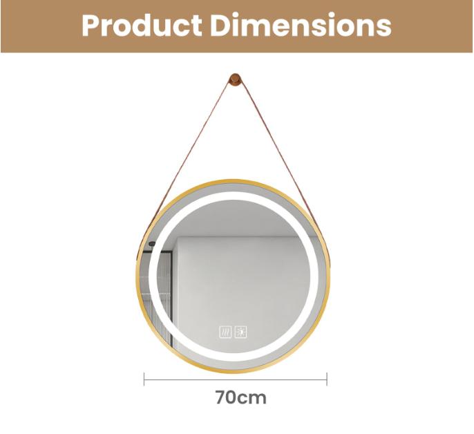 70cm Large Round Gold LED Bathroom Mirror with Hanging Strap, Anti-Fog and Dimmable 3 Colors