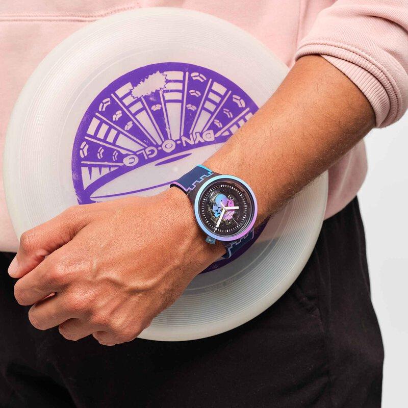 SWATCH Quartz Movement Popular Simple Waterproof Unisex Swiss Watch 47mm Purple Dial Plastic Case Silicone Strap SO27N112