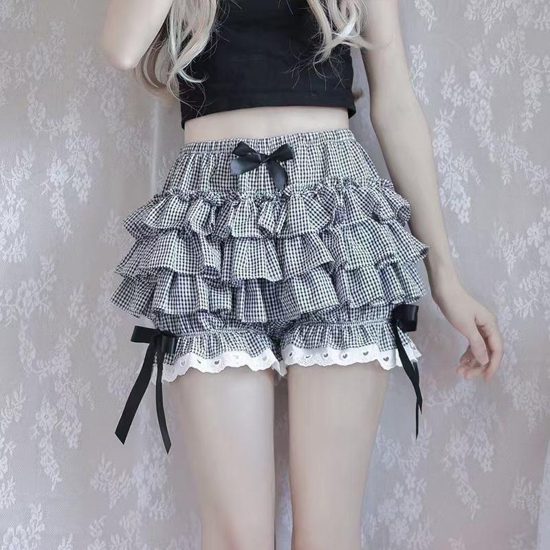 Pantaloncini Corti da Donna Bianchi e Neri con Volant Kawaii Fiocco in Pizzo Lolita Culotte Zucca Pantaloncini Sicurezza Carini Pantaloni Bloomers Vittoriani Vintage