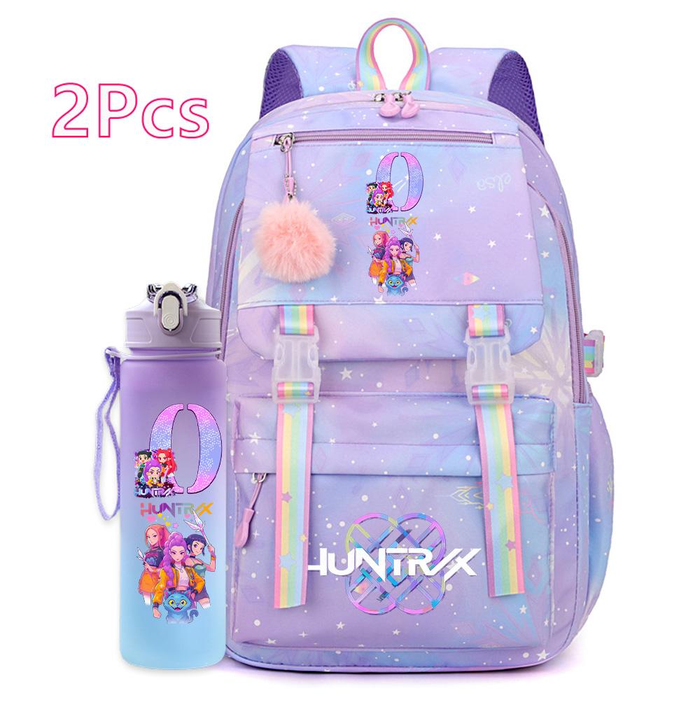 2ks/sada Ainme K-Pop Lovci démonov Ruksak s potlačou anglických písmen s 750 ml fľašou na vodu pre dospievajúce dievča chlapca Školská taška Darček