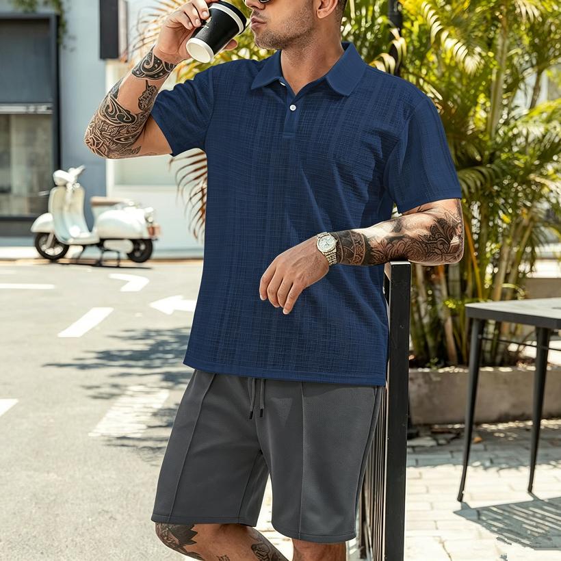 Summer Men Matching Outfit Sets Grid Texture Short Sleeve Polo Shirts Elastic Drawstring Casual Shorts Daily Beach Vacation Two Piece Tracksuit