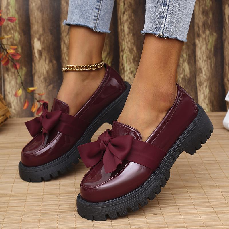 Fashion Women's Bowknot Decor Platform Loafers Fashion Wine Red Patent Leather Dress Shoes Woman Comfort Slip On Flat Shoes Plus Size 43