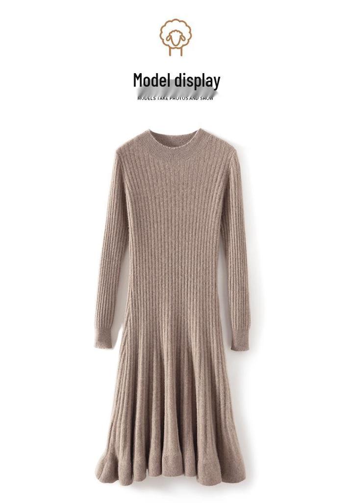 Elegant Women's 100% Pure Wool Knit Dress - Slimming, Round Neck, Long Cashmere for Autumn and Winter