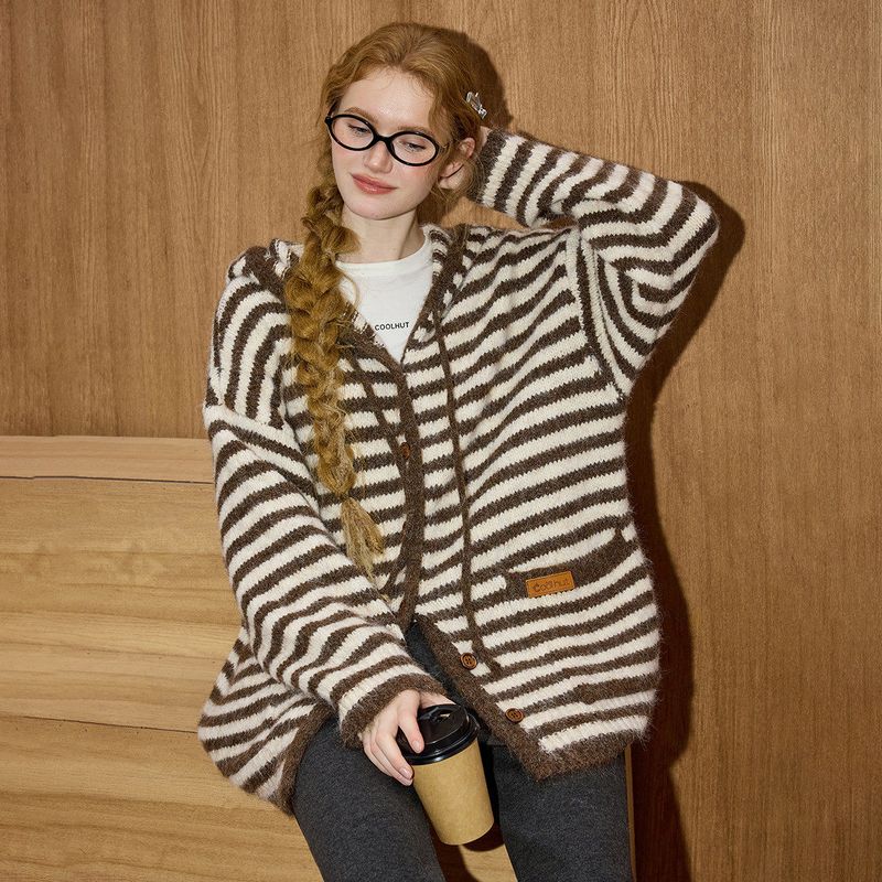 Coolhut Lazy Striped Mid-Length Cardigan Knitted Jacket Winter Warm New Women's Sweater