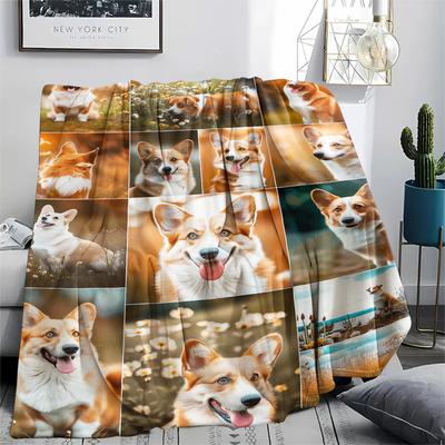 1Pc Corgi Print Flannel Blanket, High Quality Comfortable for All Seasons, Home Decor, Warmth and Comfort, Perfect for Christmas Gifts