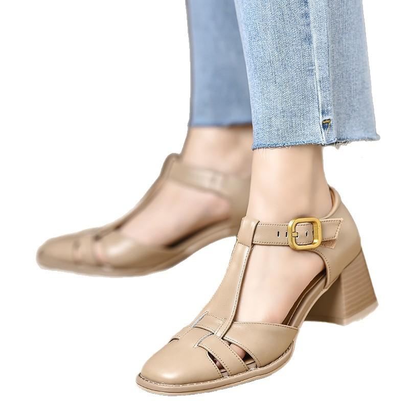 Summer Square Head High Heels Comfortable Thick Heel Hollow Pig Cage Bag Head Sandals Thick Heel Solid Color