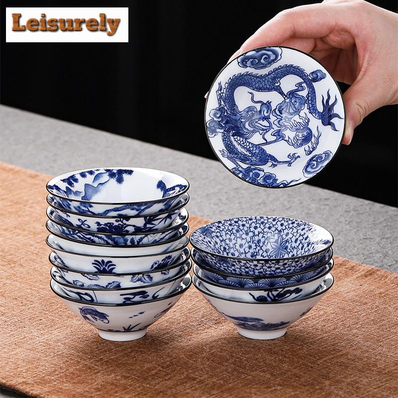 1 Stück chinesische Teetasse aus blauem und weißem Porzellan, exquisite handbemalte Teeschale mit Vogelmotiv, Bambushut, Meister-Meditationstasse, Teeservice, 55 ml