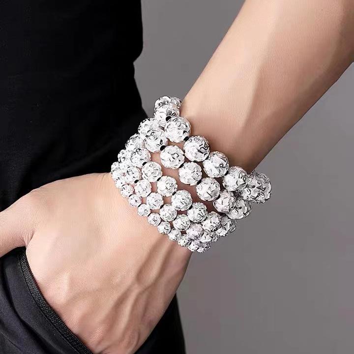

White-Copper Plated Silver Six-Character Mantra Heart Sutra Buddhist Bead Bracelet for Men - Retro National Style