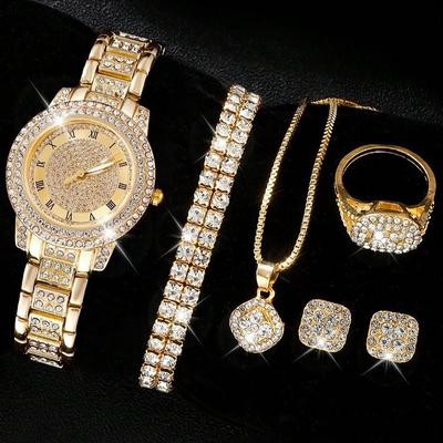 6pcs Luxury Rhinestone Women Quartz Watch With Rhinestone Bracelet Necklace Ring And Earrings Fashion Jewelry Set For Daily Wear