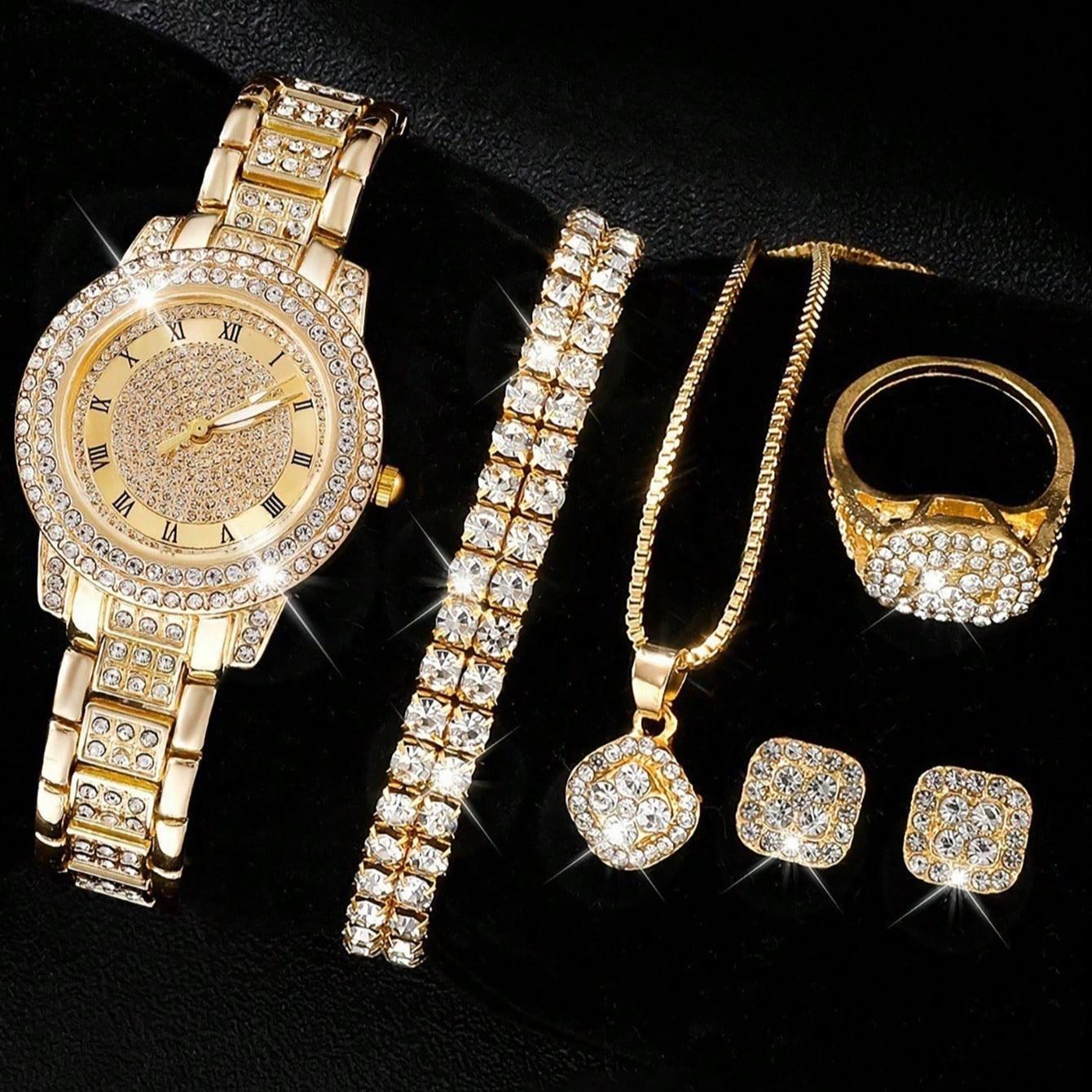 

6 шт. Роскошные женские кварцевые часы со стразами, с браслетом со стразами, ожерельем, кольцом и серьгами, модный набор украшений для повседневной носки золотой