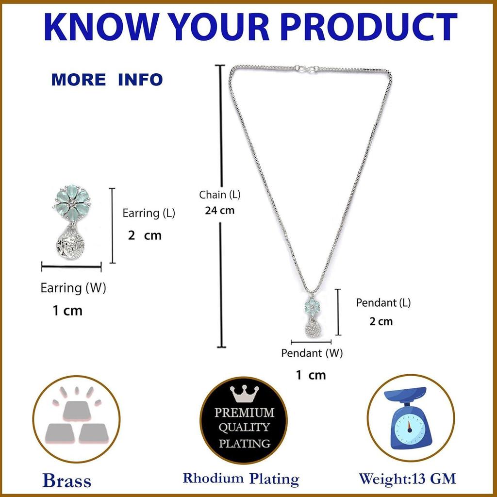 Rhodium-Plated Silver Toned Green Cubic Zirconia studded Floral Shaped Cute Pendant with Earrings Jewellery Set for Girls and Women