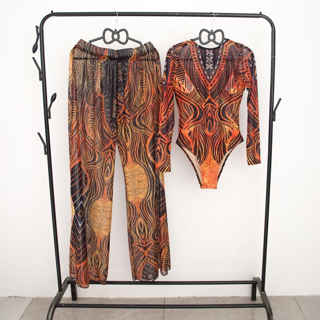 Women’s Fashion Printed Swimwear One-Piece Bikini Swimsuit Set with Long Pants