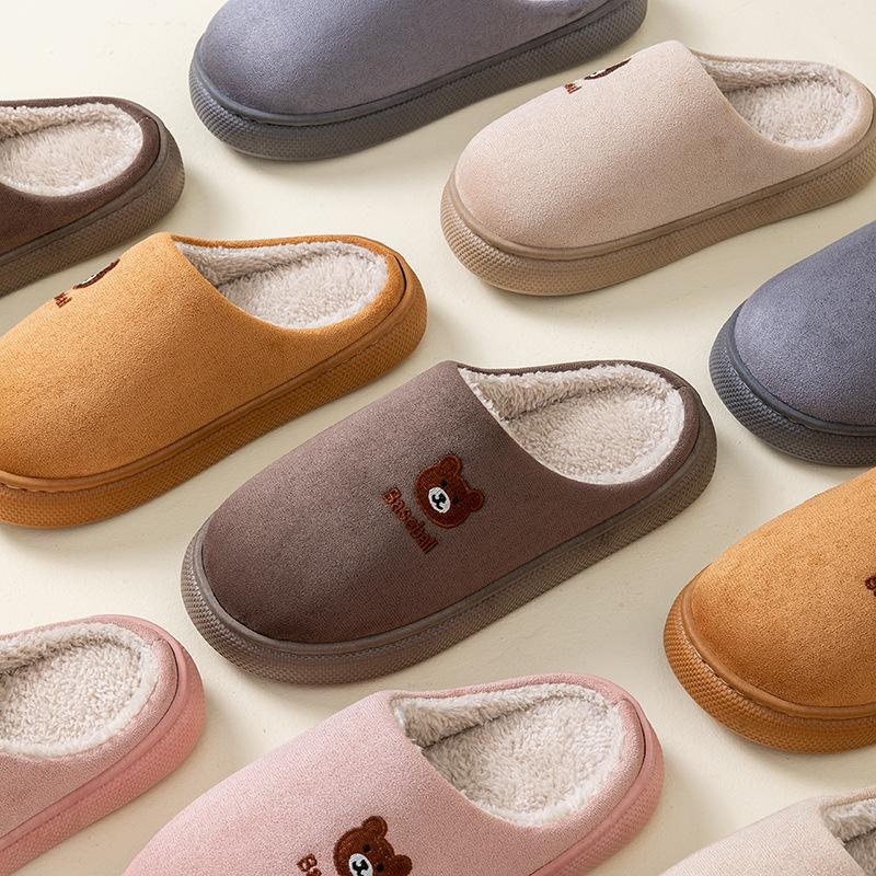 Cartoon Bear Cotton Slippers Autumn and Winter Indoor Home Velvet Warm Non-slip Thick-soled Couple Plush Slippers
