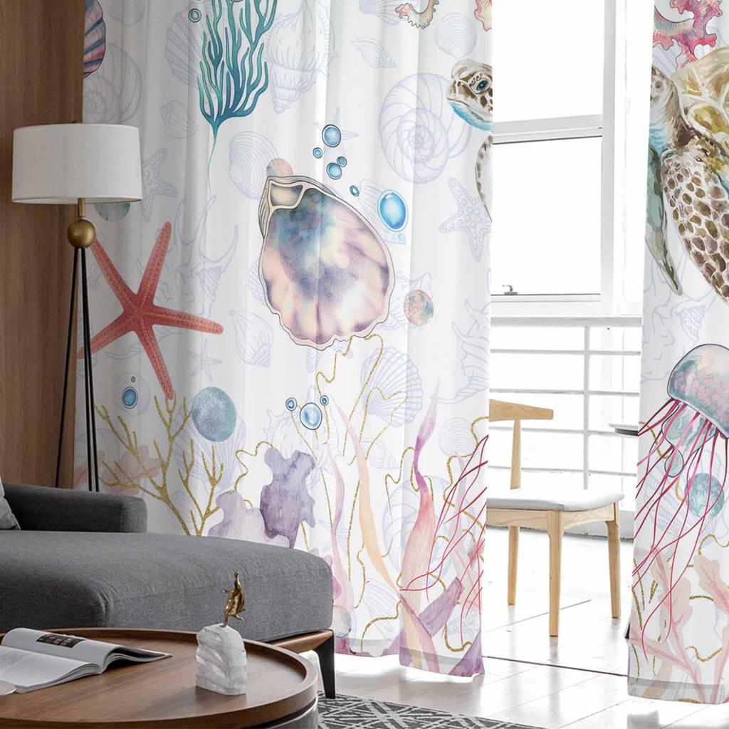 Sommer Aquarell Meeresleben Fenster Tüll Vorhänge für Wohnzimmer Schlafzimmer Hotel Luxus Dekoration Transparente Vorhänge