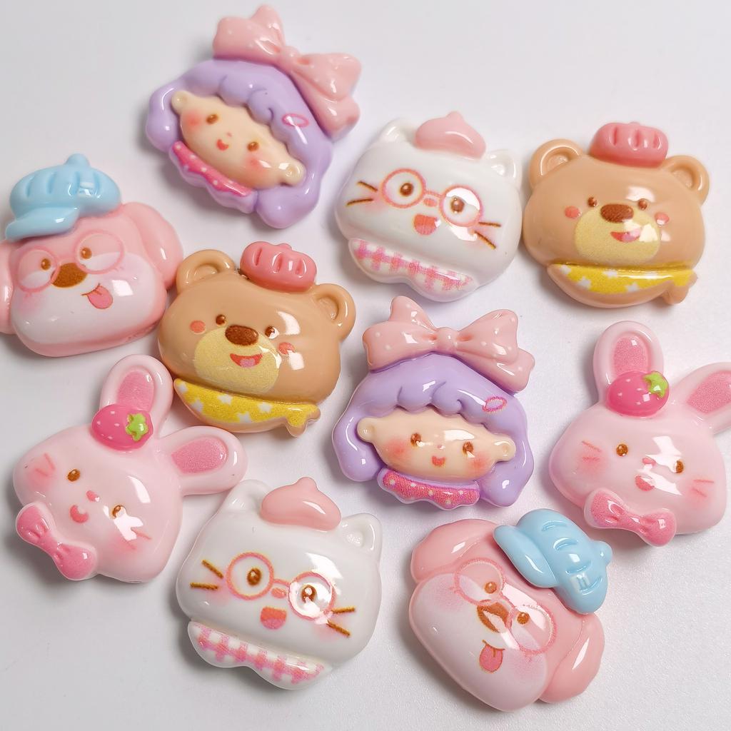 Bulk 100Pcs/Lot Lovely Strawberry Rabbit Cat Dog Bear Bowknot Girl Head Flatback Resin Cabochons No Hole Beads for Jewelry DIY